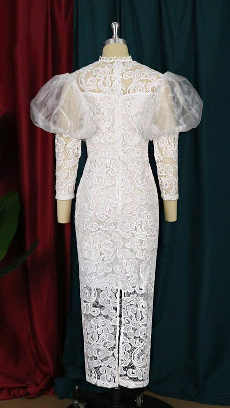 WHITE PUFF SLEEVE LACE MIDI DRESS