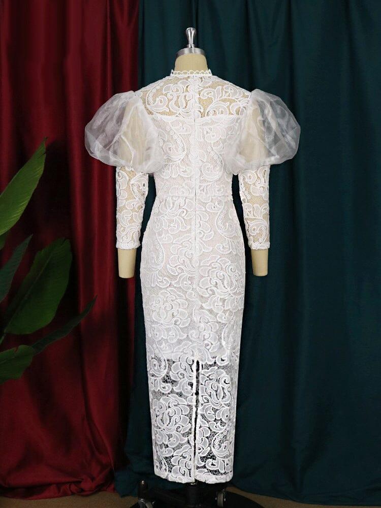 AIIZIE WHITE PUFF SLEEVE LACE MIDI DRESS - product image