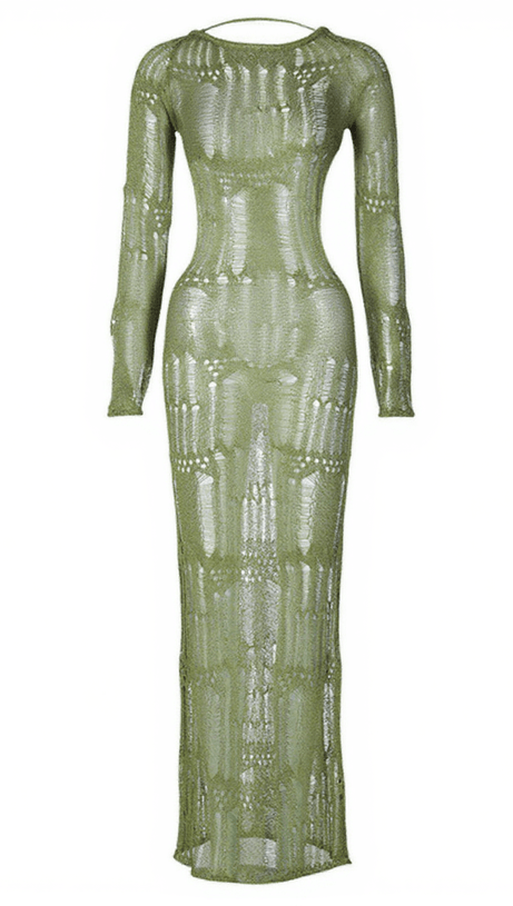 ARLO BACKLESS HOLLOW KNITTED DRESS IN GREEN