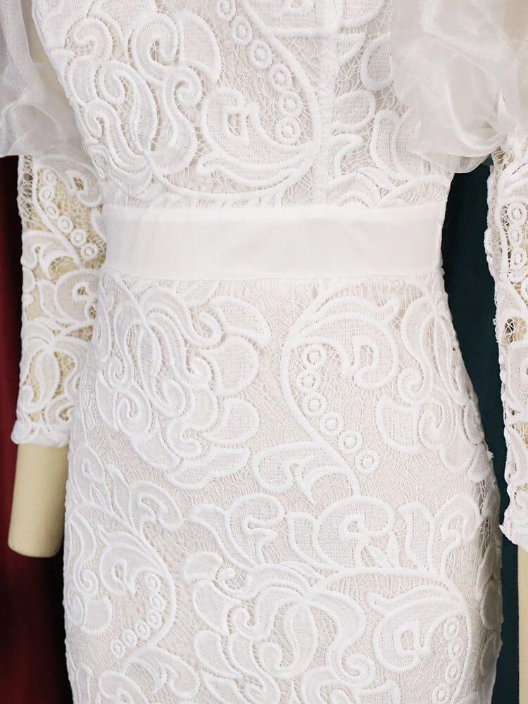 AIIZIE WHITE PUFF SLEEVE LACE MIDI DRESS - product image