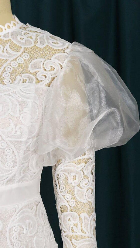 WHITE PUFF SLEEVE LACE MIDI DRESS