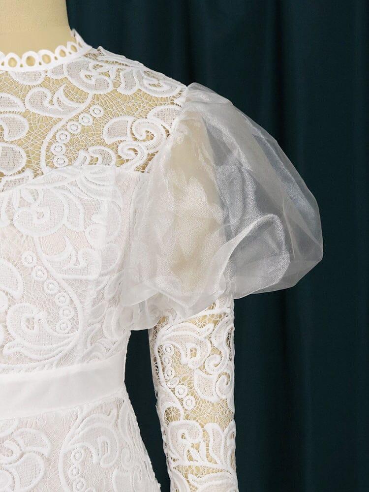 AIIZIE WHITE PUFF SLEEVE LACE MIDI DRESS - product image