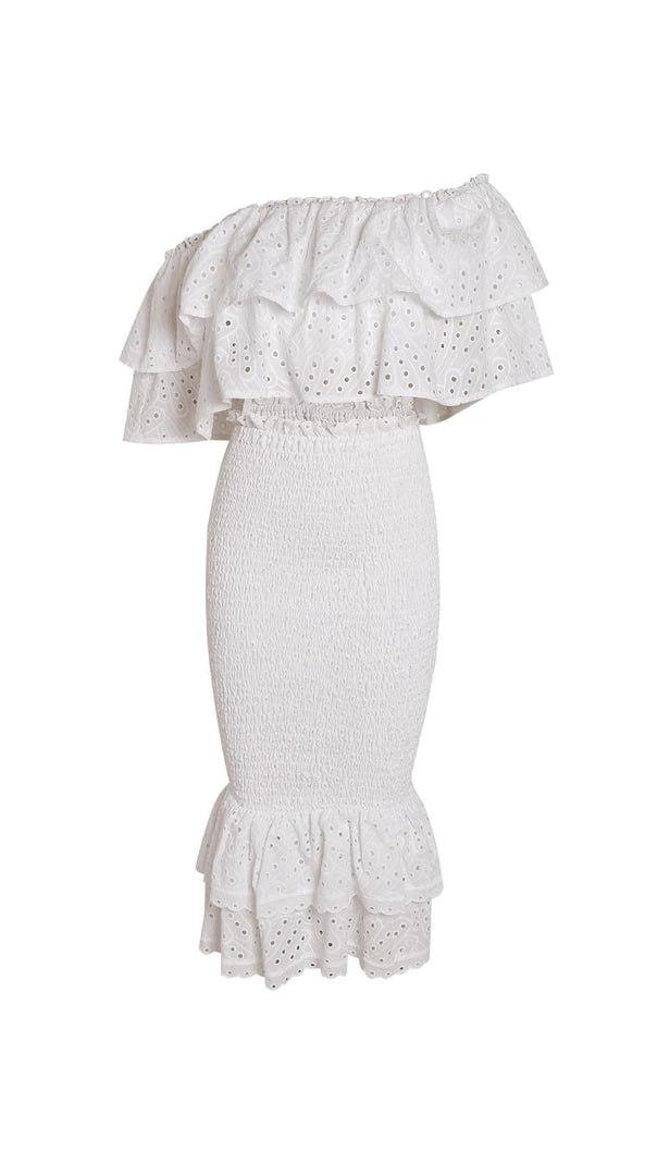 AIIZIE WHITE RUFFLES SKEW COLLAR TOPS & HIGH WAIST MIDI DRESS TWO PIECE SET - product image