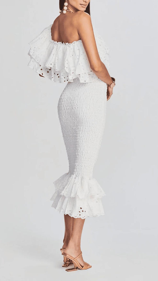 AIIZIE WHITE RUFFLES SKEW COLLAR TOPS & HIGH WAIST MIDI DRESS TWO PIECE SET - product image
