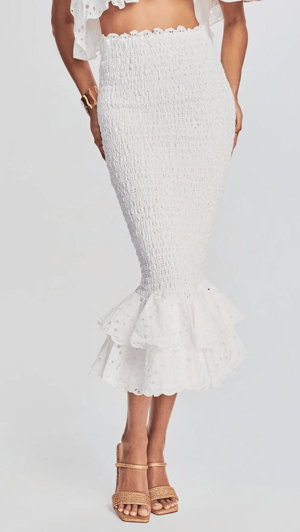 AIIZIE WHITE RUFFLES SKEW COLLAR TOPS & HIGH WAIST MIDI DRESS TWO PIECE SET - product image
