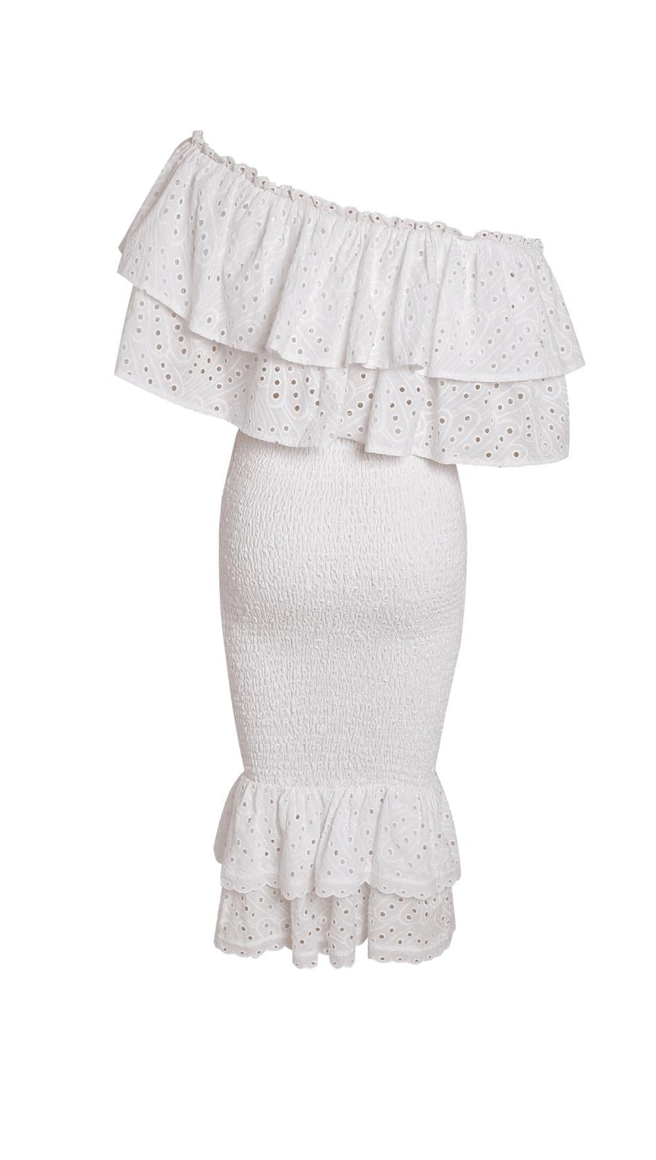 Weißes Rüschen-Top mit schrägem Kragen und hoch tailliertem MIDI-Kleid, zweiteiliges Set