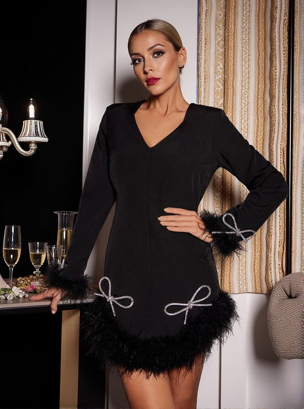 Koko Long Sleeve Bow Crystal Feather Dress