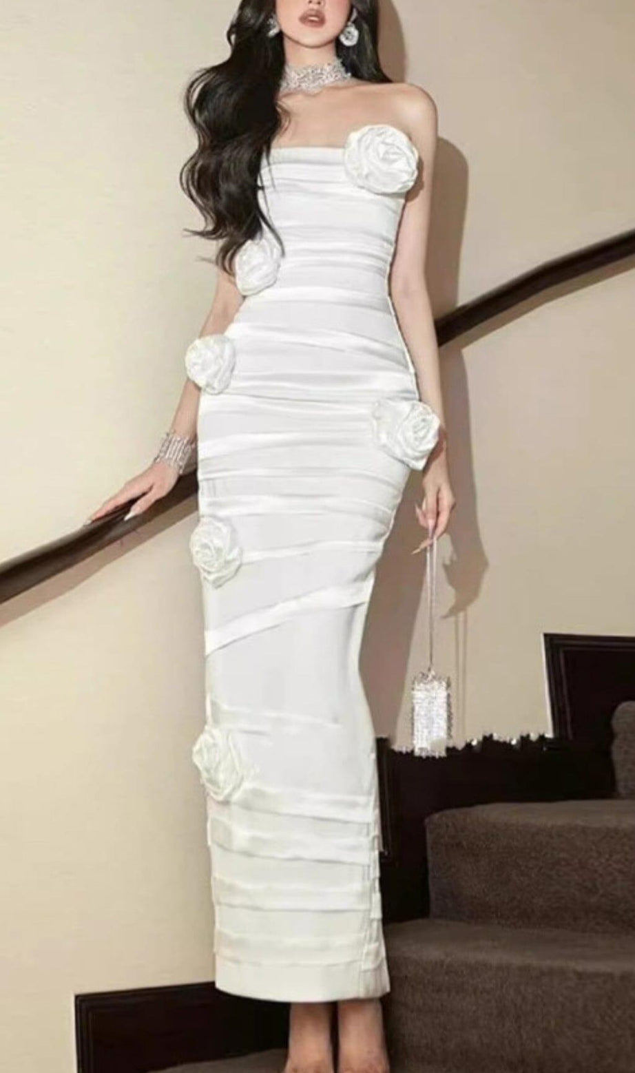 WHITE STRAPLESS FLOWER EMBELLISHED MAXI DRESS