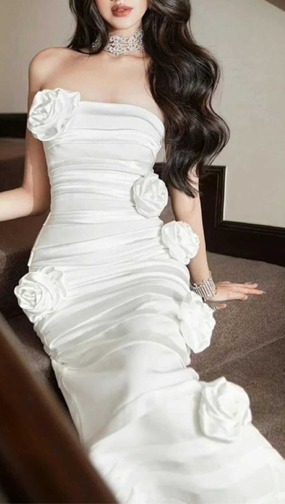 WHITE STRAPLESS FLOWER EMBELLISHED MAXI DRESS