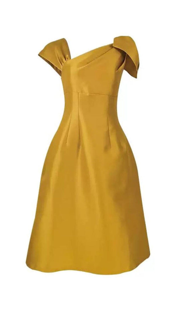 AIIZIE YELLOW ASYMMETRIC SHOULDER DIAGONAL COLLAR TEMPERAMENT FRENCH DRESS - product image
