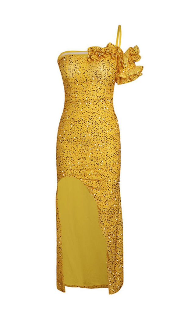AIIZIE YELLOW ONE SHOULDER SEQUINED SLIT MAXI DRESS - product image