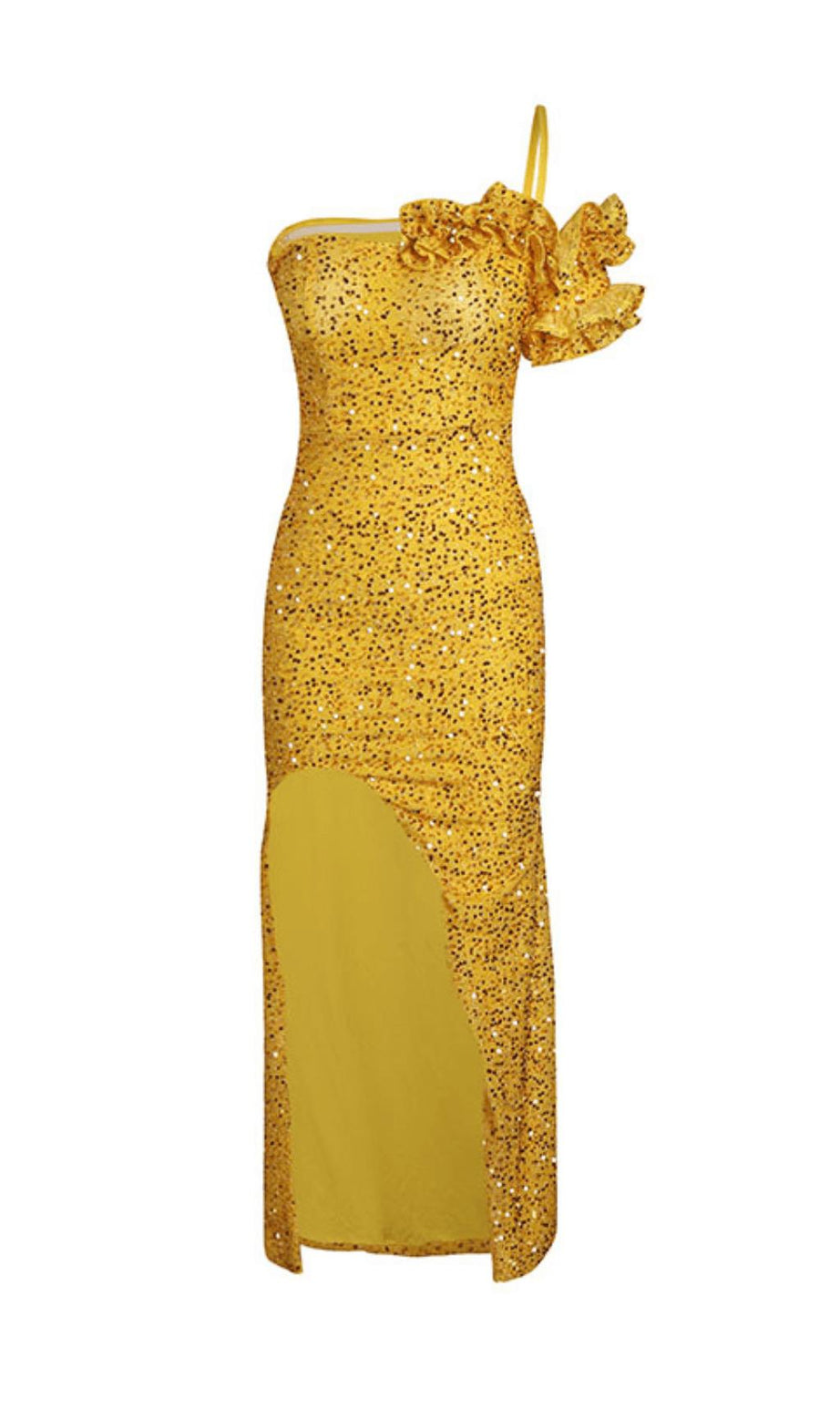 ABITO LUNGO GIALLO CON SPACCO E PAILLETTES, MONOSPALLA