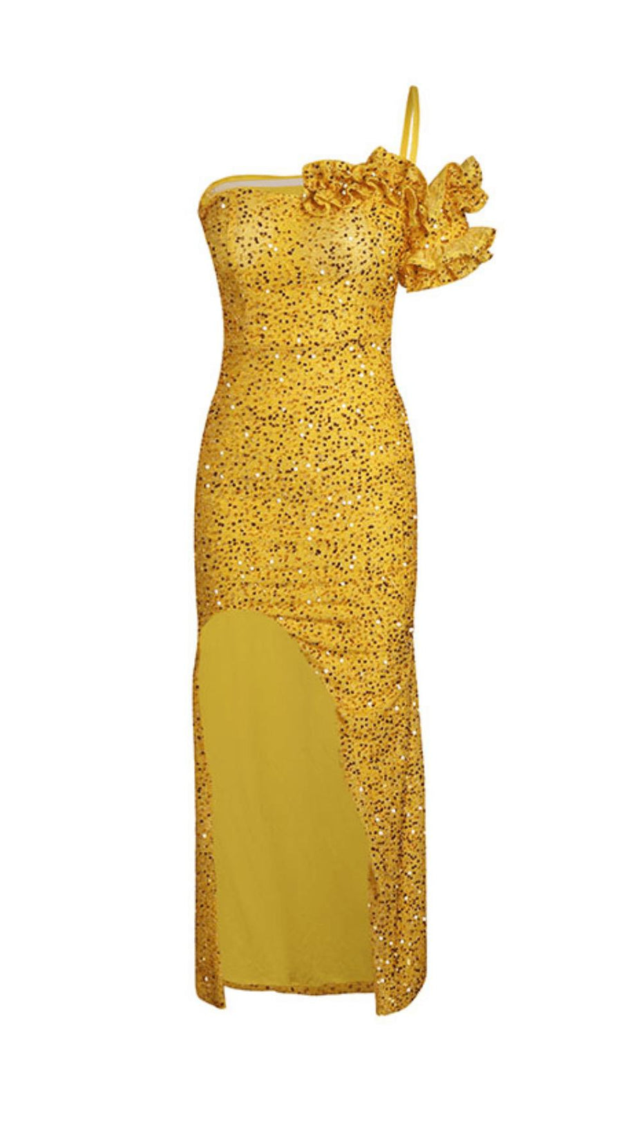 ABITO LUNGO GIALLO CON SPACCO E PAILLETTES, MONOSPALLA