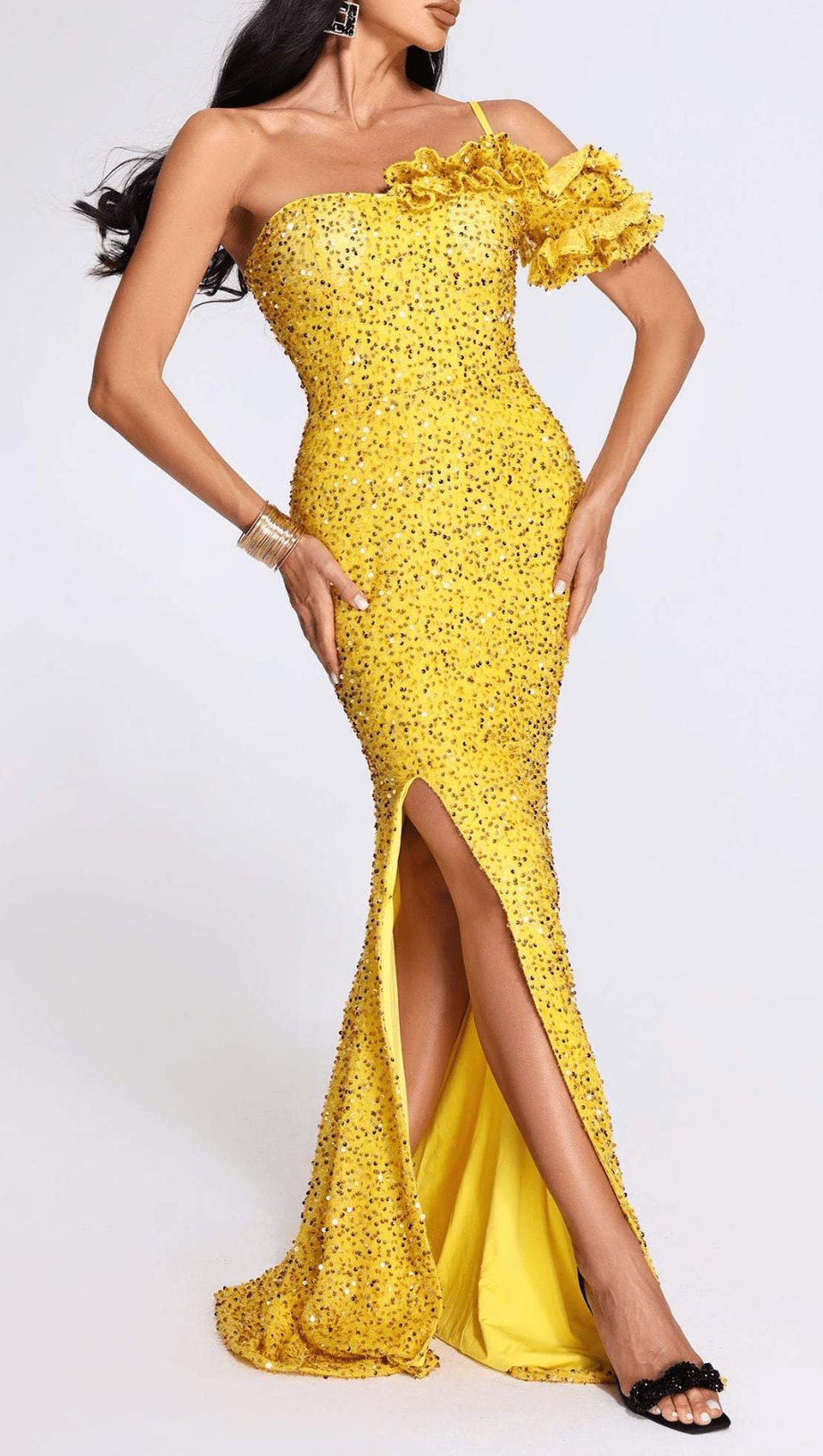 YELLOW ONE SHOULDER SEQUINED SLIT MAXI DRESS