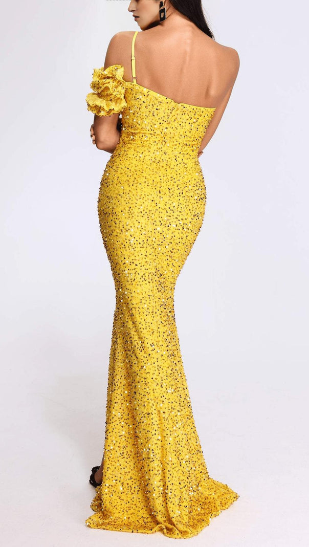 AIIZIE YELLOW ONE SHOULDER SEQUINED SLIT MAXI DRESS - product image