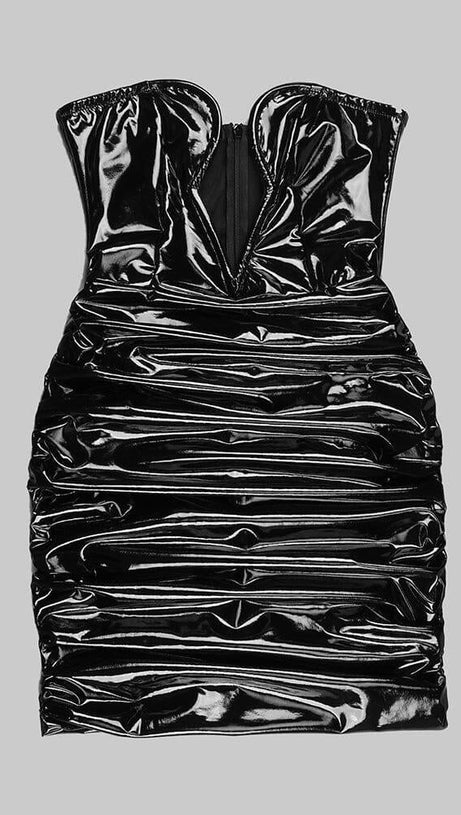 LEATHER HIP WRAP MINI DRESS IN BLACK