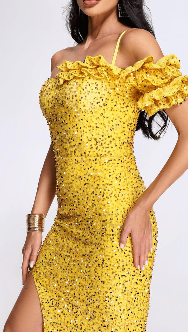 AIIZIE YELLOW ONE SHOULDER SEQUINED SLIT MAXI DRESS - product image