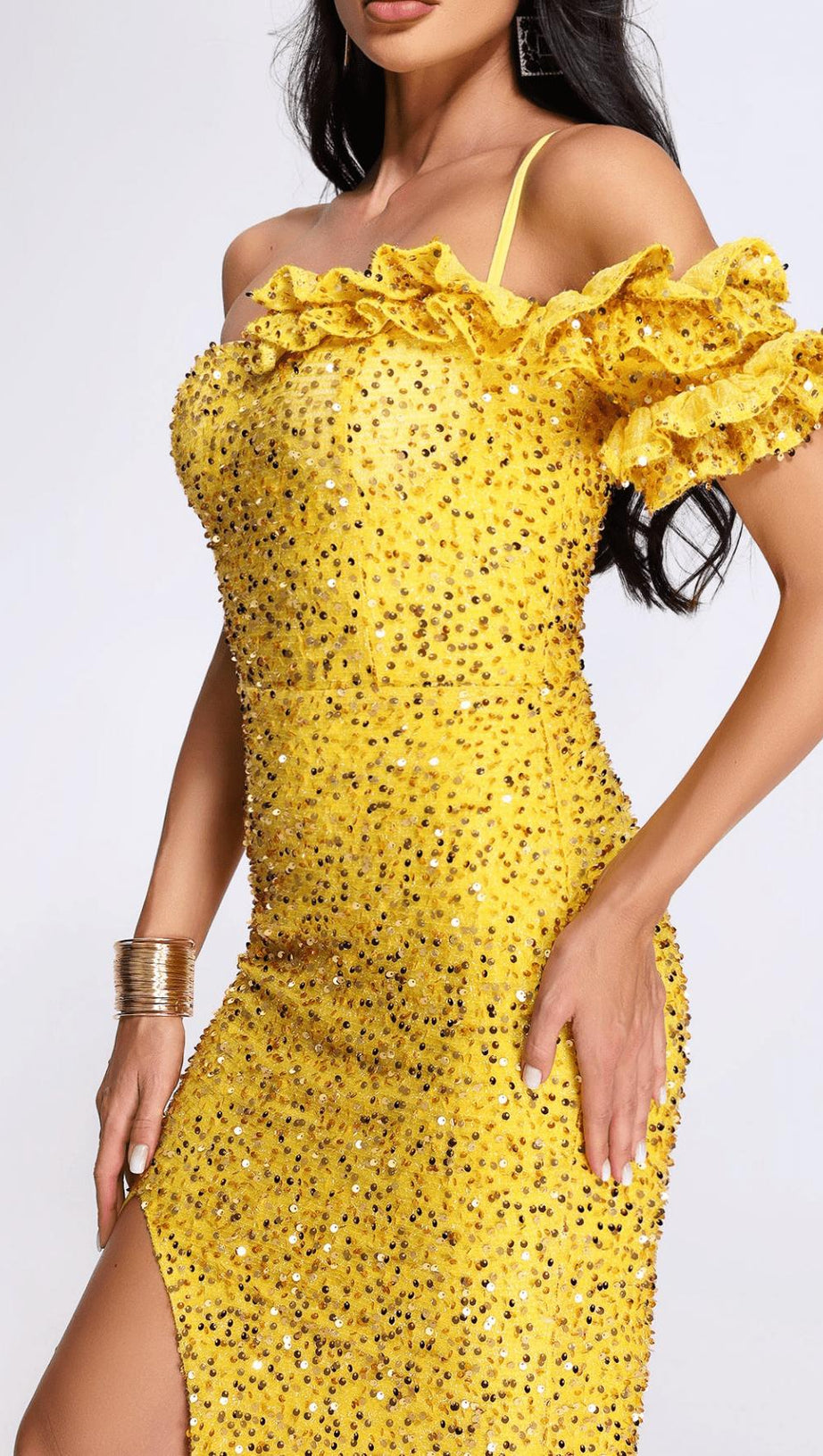 YELLOW ONE SHOULDER SEQUINED SLIT MAXI DRESS