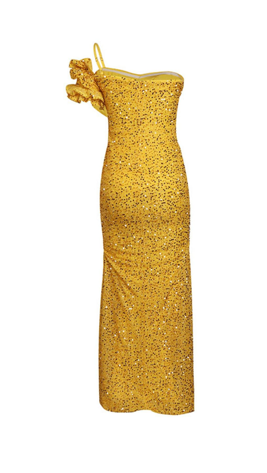 YELLOW ONE SHOULDER SEQUINED SLIT MAXI DRESS