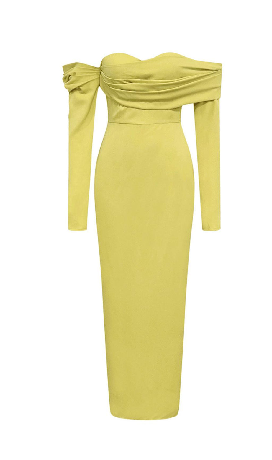 ABITO LUNGO GIALLO CON PLISSETTATURE, MONOSPALLA, SENZA SPALLINE, MANICHE LUNGHE