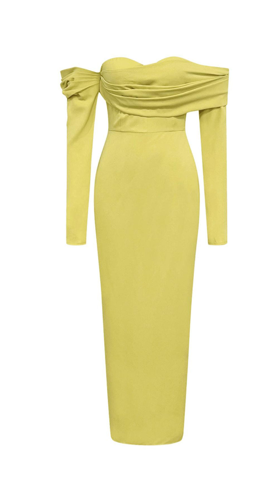 ABITO LUNGO GIALLO CON PLISSETTATURE, MONOSPALLA, SENZA SPALLINE, MANICHE LUNGHE