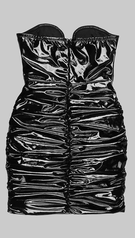 LEATHER HIP WRAP MINI DRESS IN BLACK