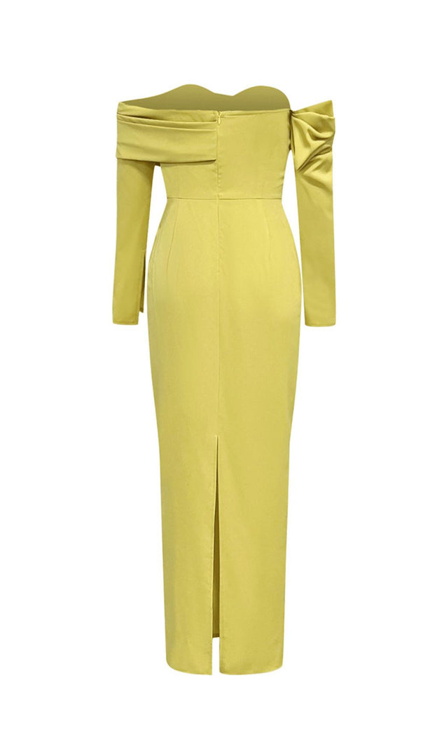 AIIZIE YELLOW ONE-SHOULDER STRAPLESS LONG-SLEEVED PLEATED MAXI DRESS - product image