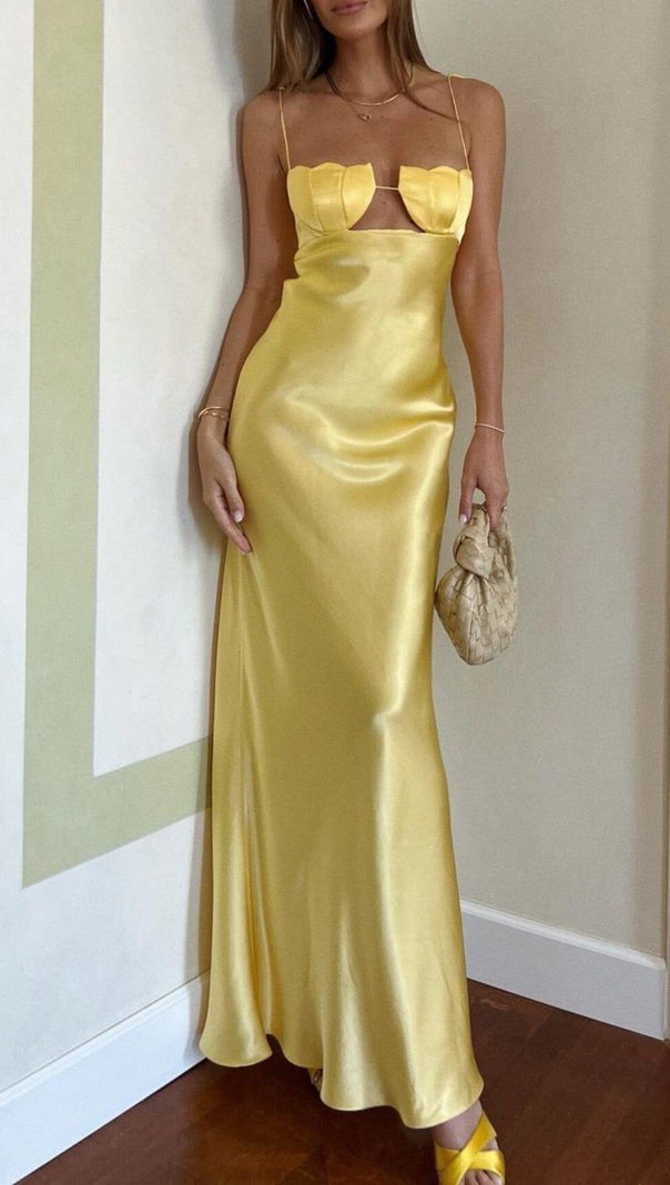 AIIZIE YELLOW TULIP SATIN MAXI DRESS - product image