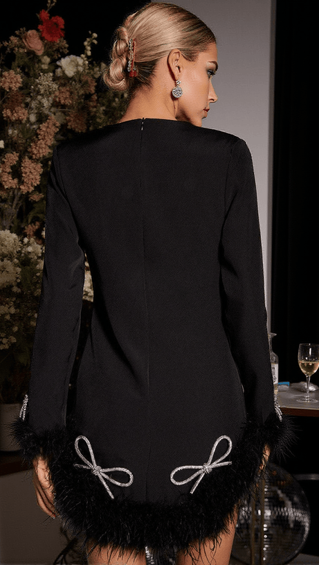 KOKO LONG SLEEVE BOW CRYSTAL FEATHER DRESS