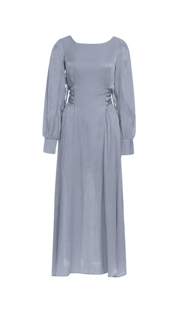 AIIZIE ROUND NECK PUFF LONG SLEEVES WAIST SLIM FIT LOOSE MIDI DRESS - product image