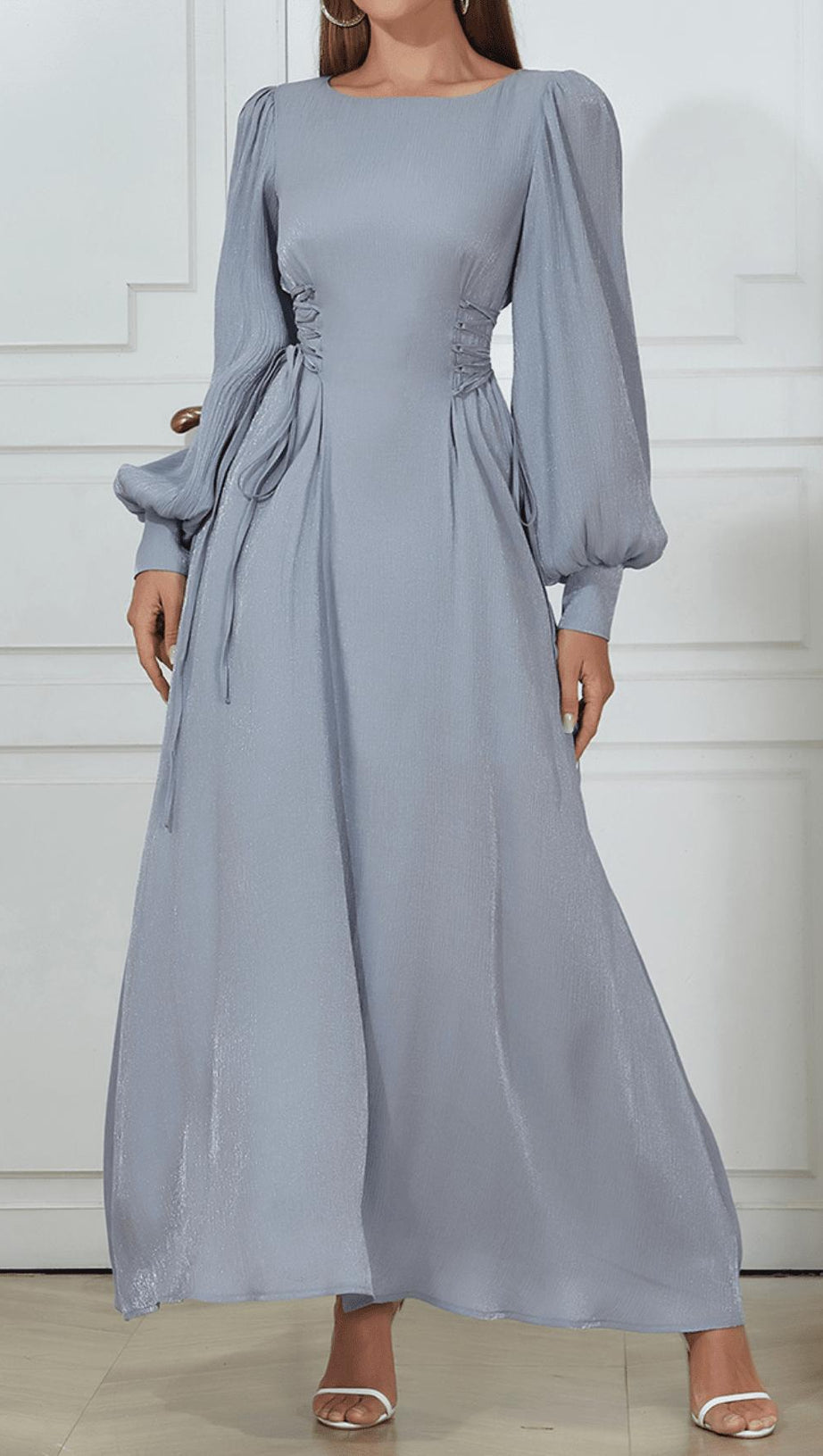 ROUND NECK PUFF LONG SLEEVES WAIST SLIM FIT LOOSE MIDI DRESS
