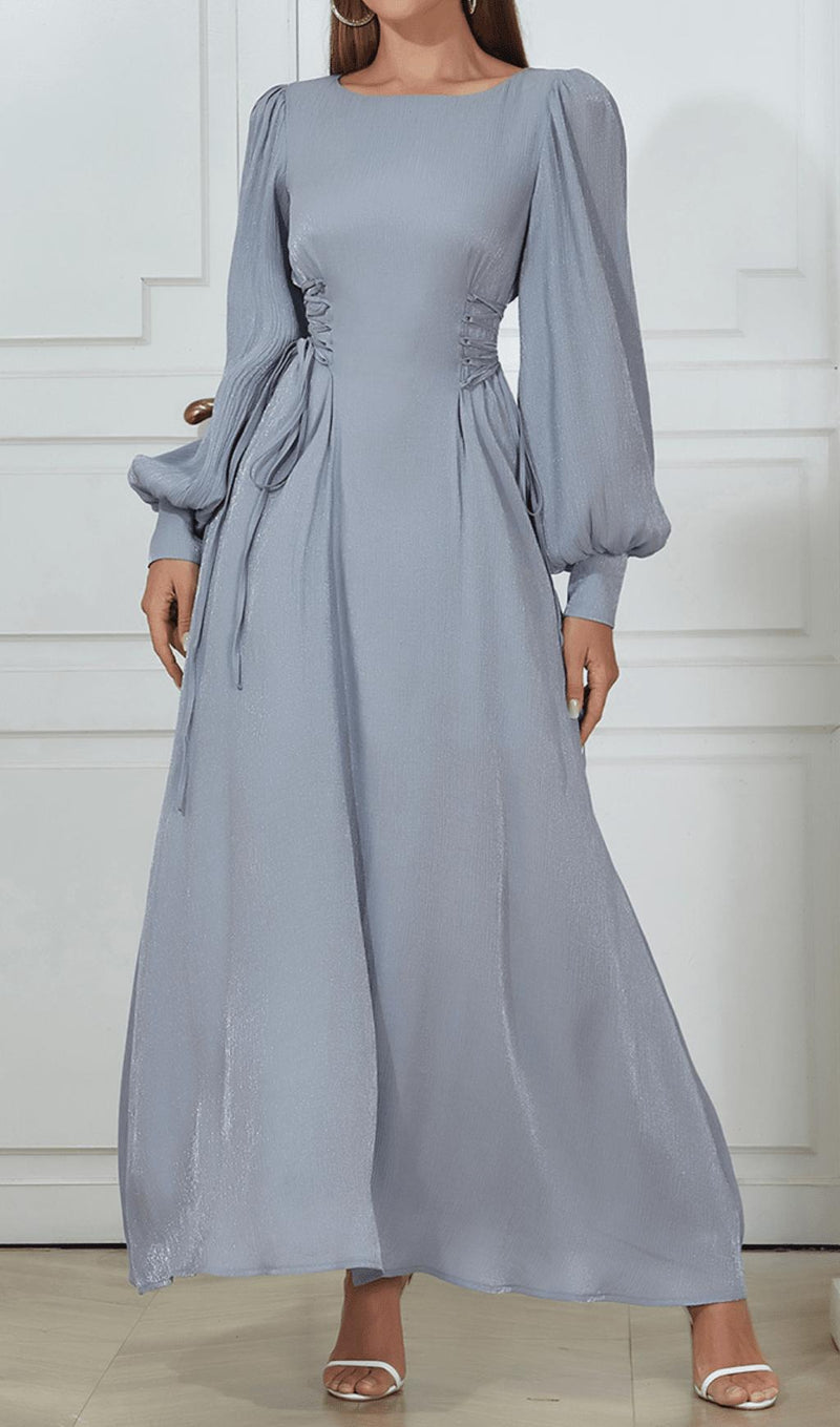 ROUND NECK PUFF LONG SLEEVES WAIST SLIM FIT LOOSE MIDI DRESS