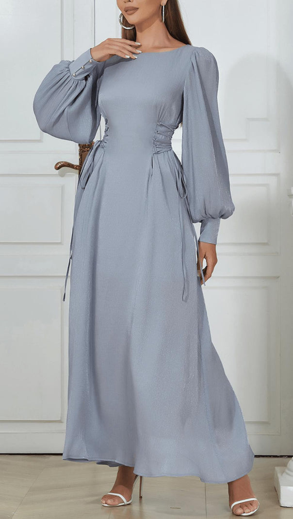 AIIZIE ROUND NECK PUFF LONG SLEEVES WAIST SLIM FIT LOOSE MIDI DRESS - product image