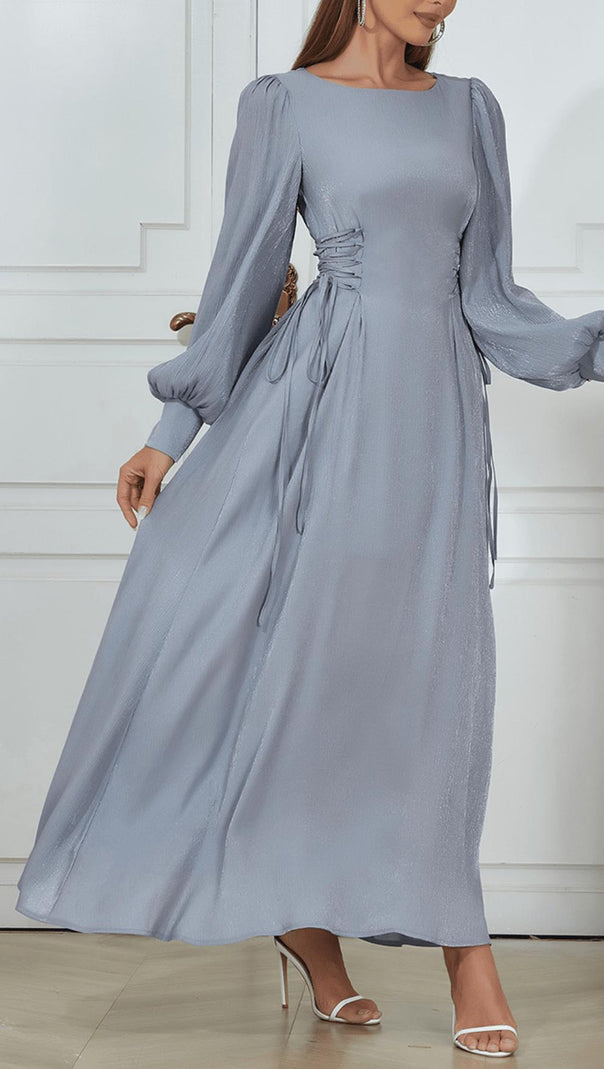 AIIZIE ROUND NECK PUFF LONG SLEEVES WAIST SLIM FIT LOOSE MIDI DRESS - product image