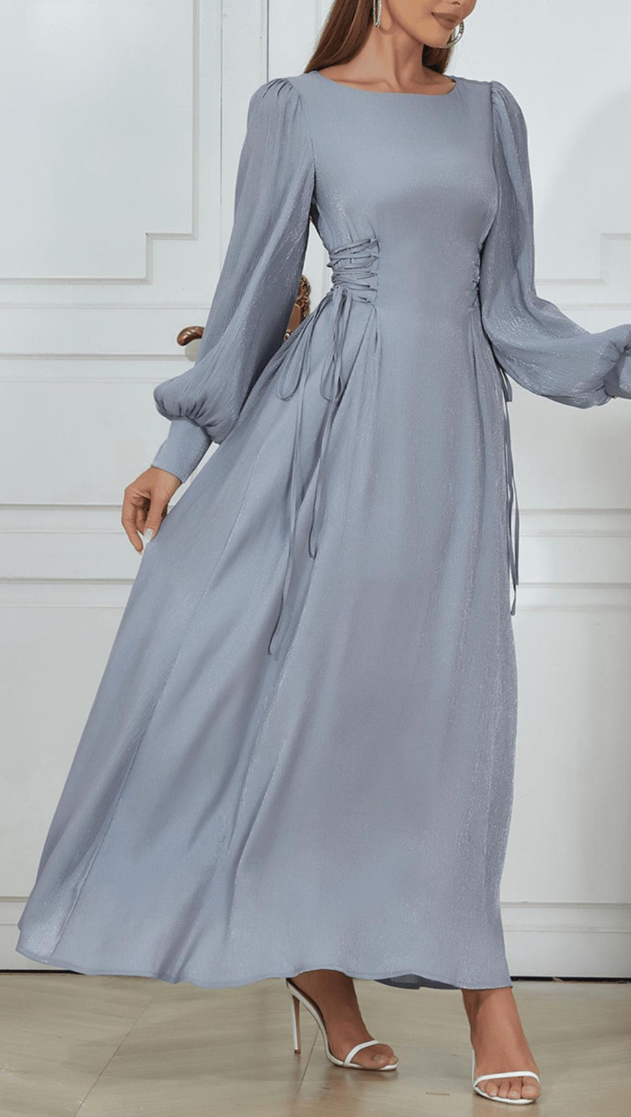 ROUND NECK PUFF LONG SLEEVES WAIST SLIM FIT LOOSE MIDI DRESS