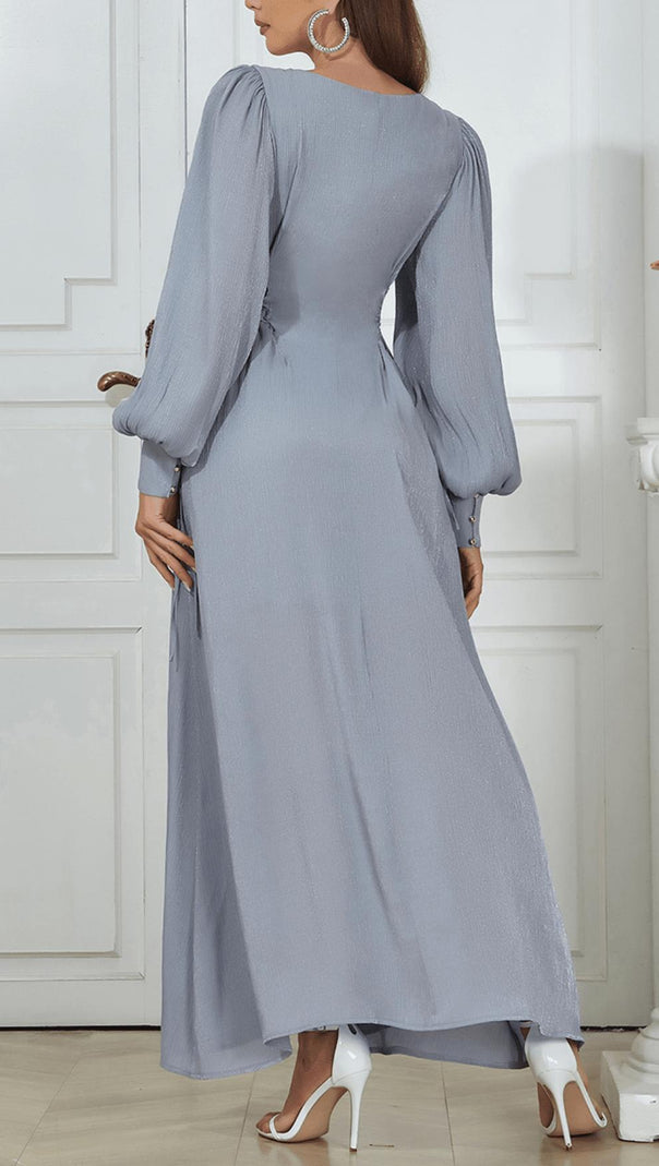 AIIZIE ROUND NECK PUFF LONG SLEEVES WAIST SLIM FIT LOOSE MIDI DRESS - product image
