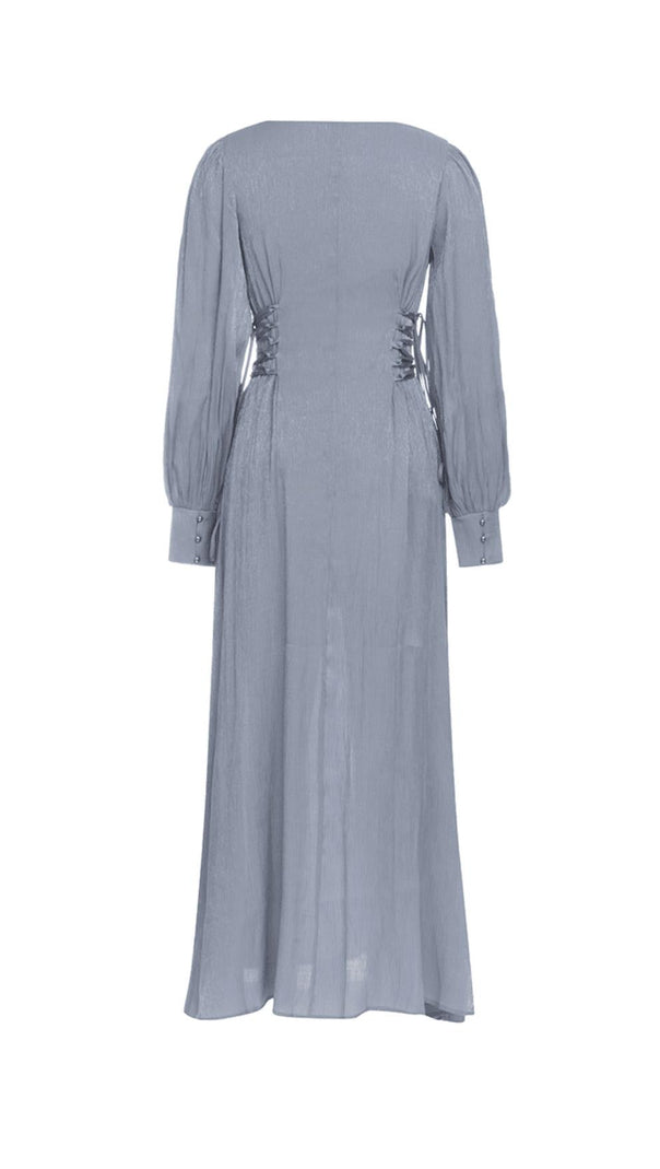 AIIZIE ROUND NECK PUFF LONG SLEEVES WAIST SLIM FIT LOOSE MIDI DRESS - product image