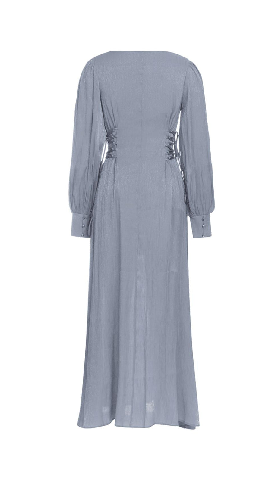 ROUND NECK PUFF LONG SLEEVES WAIST SLIM FIT LOOSE MIDI DRESS