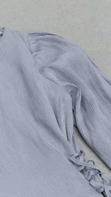 ROUND NECK PUFF LONG SLEEVES WAIST SLIM FIT LOOSE MIDI DRESS