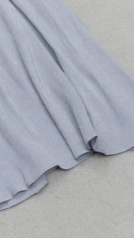 ROUND NECK PUFF LONG SLEEVES WAIST SLIM FIT LOOSE MIDI DRESS