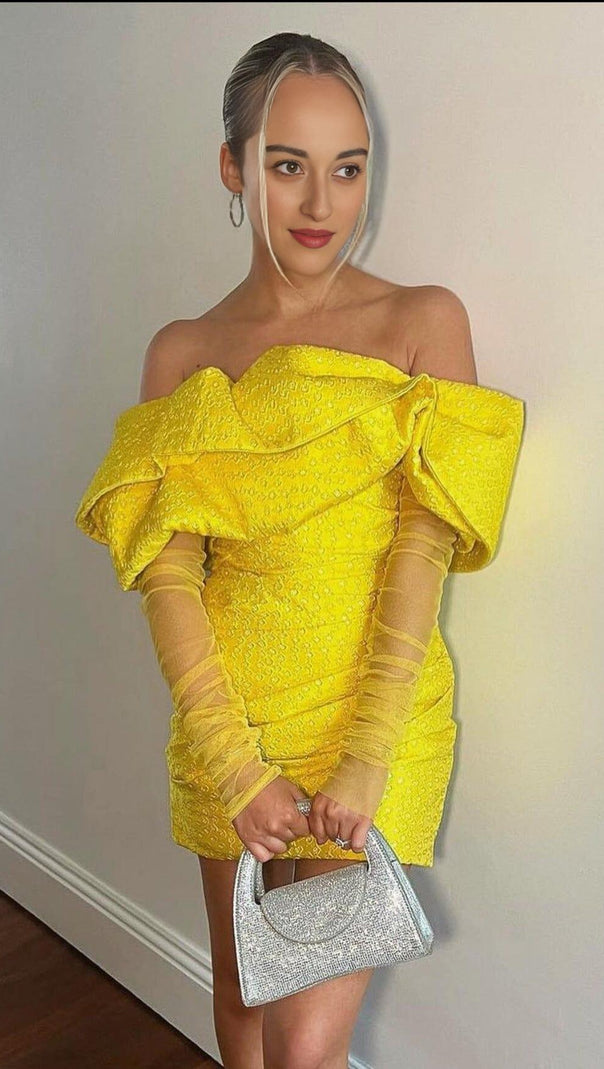 AIIZIE YELLOW OFF SHOULDER RUCHED MESH MINI DRESS - product image