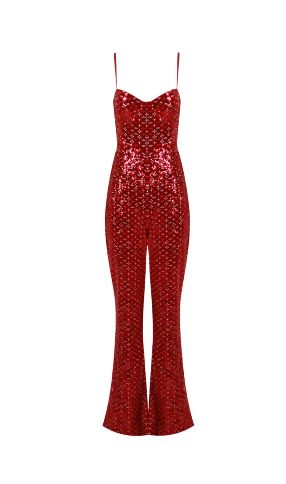 PAILLETTEN-STRUMPFHALTER-JUMPSUIT MIT TRÄGERN UND SLIM FIT