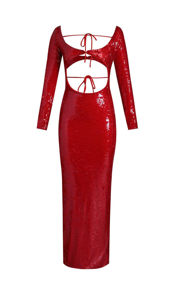 SEQUIN-EMBROIDERED CUT-OUT MAXI DRESS IN RED