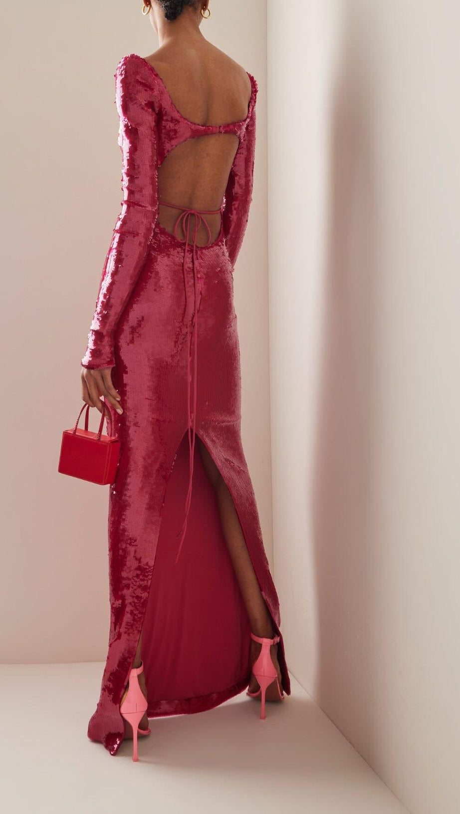 SEQUIN-EMBROIDERED CUT-OUT MAXI DRESS IN RED