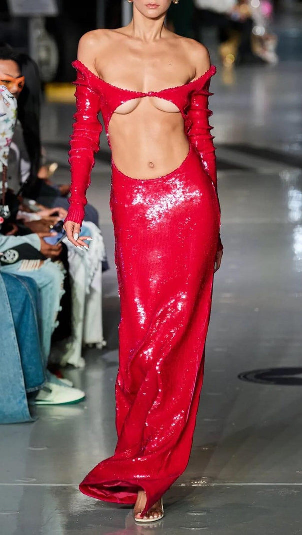 AIIZIE SEQUIN-EMBROIDERED CUT-OUT MAXI DRESS IN RED - product image