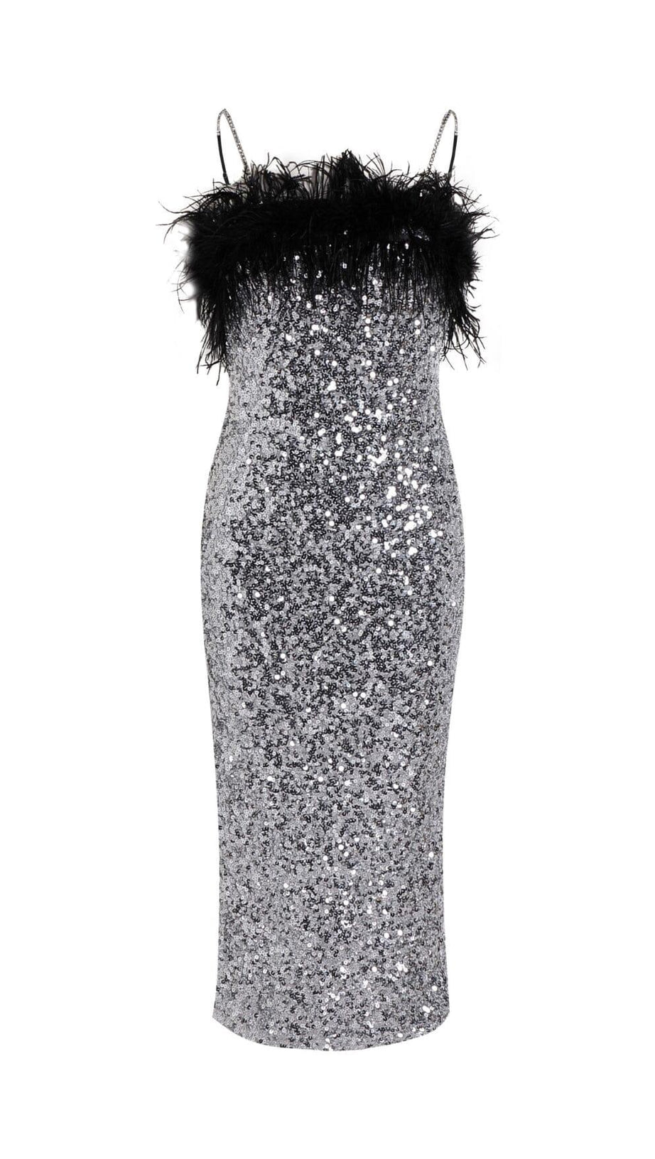 SEQUINED FEATHER SLIM SUSPENDER DRESS