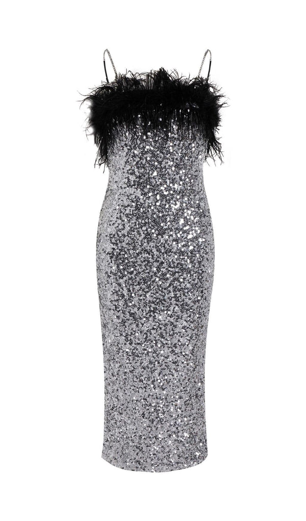 SEQUINED FEATHER SLIM SUSPENDER DRESS