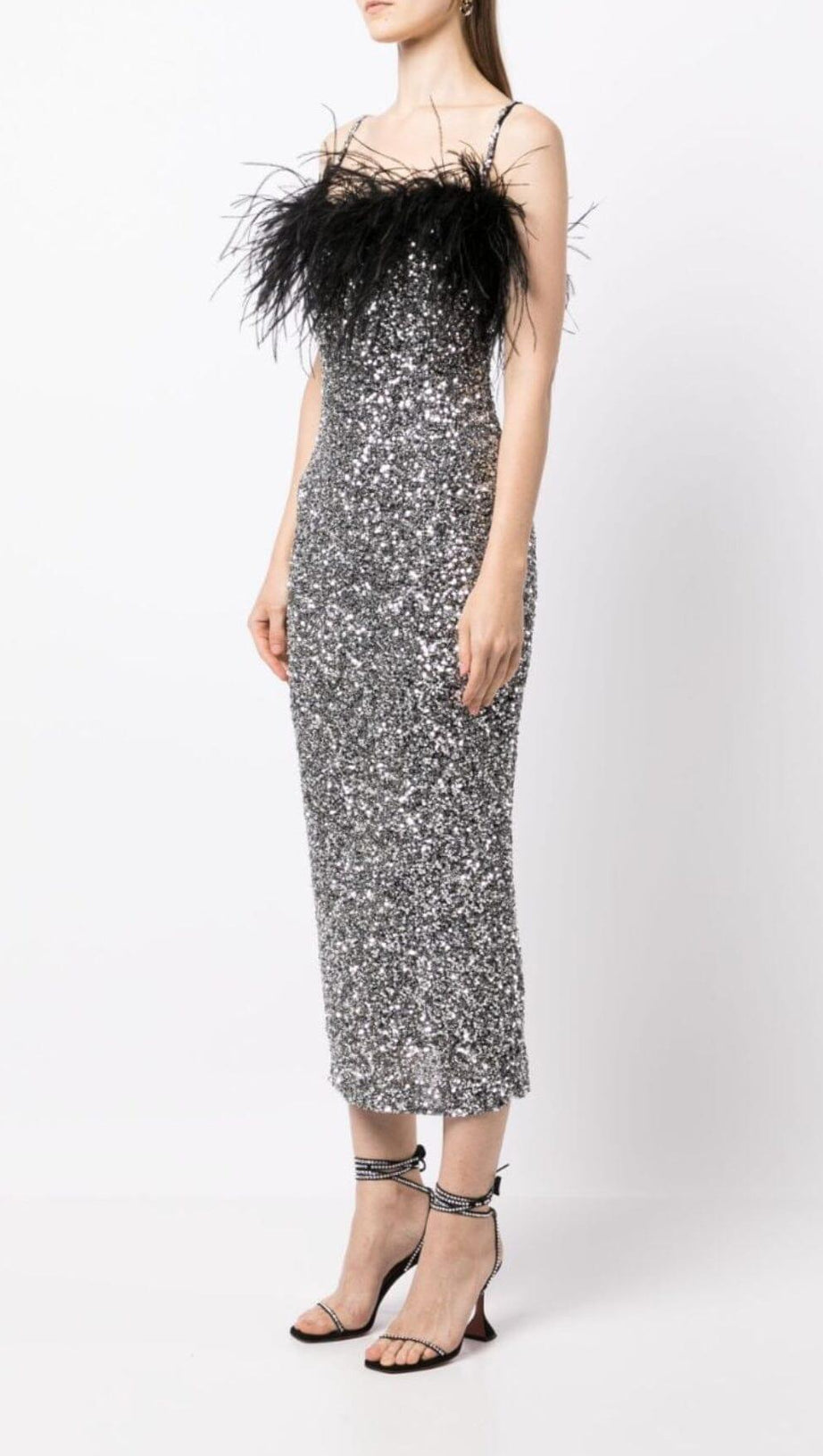 ABITO SLIM CON BRETELLE E PIUME CON PAILLETTES