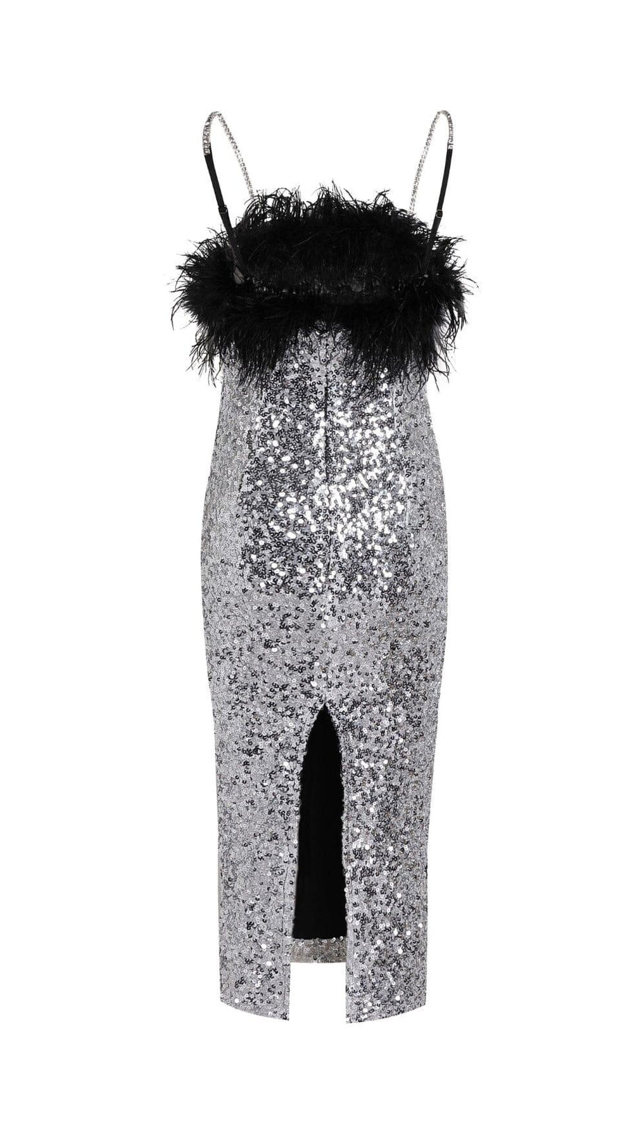 ABITO SLIM CON BRETELLE E PIUME CON PAILLETTES