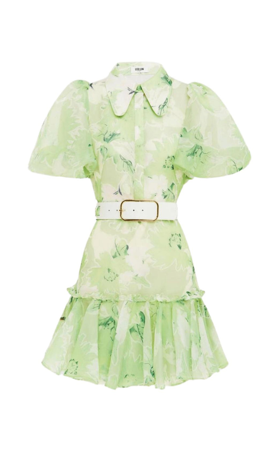 KURZÄRMELIGES MINIKLEID MIT JASMINDRUCK IN SALBEI